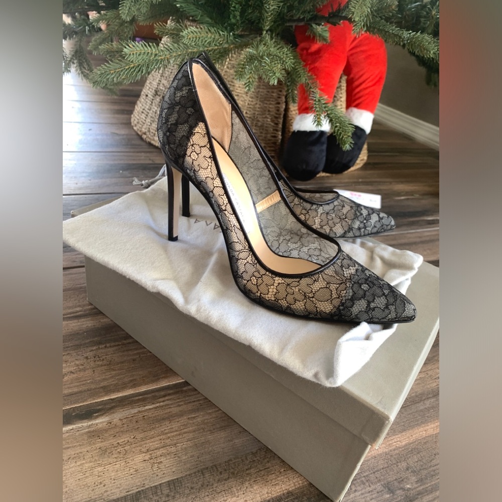New Bionda Castana Daphne Bis Black Floral Lace Pointed Toe Heel Size 37